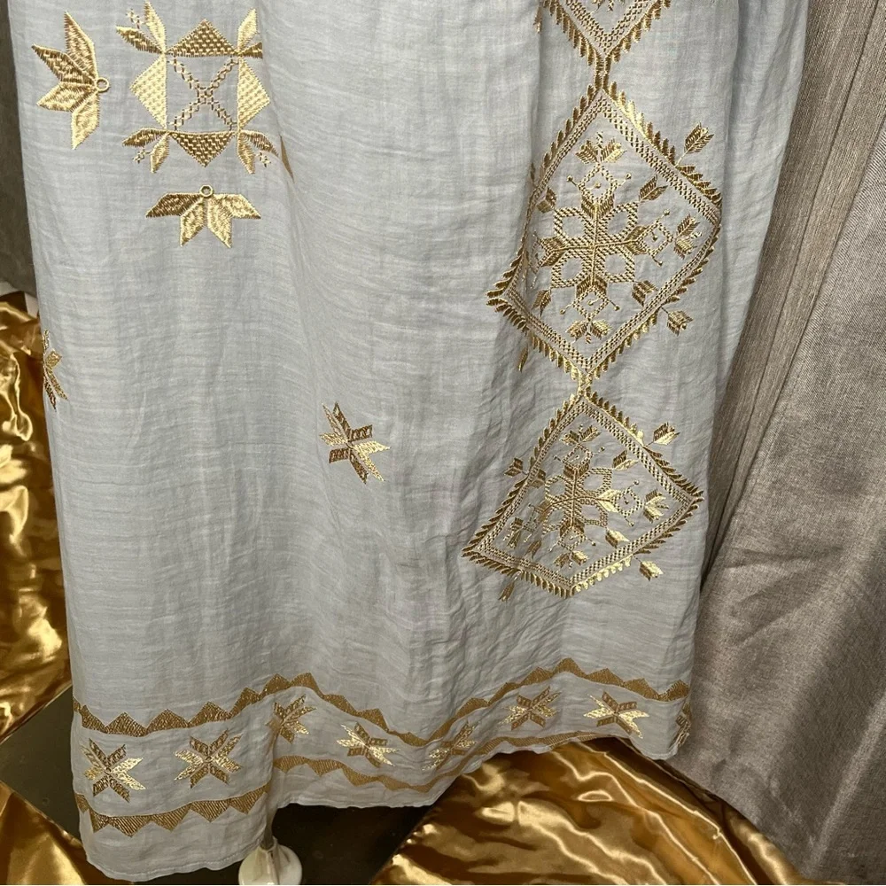 Greek Archaic Kori Oversized Light Grey Metallic Gold Embroidered Dress Medium - Picture 6 of 12